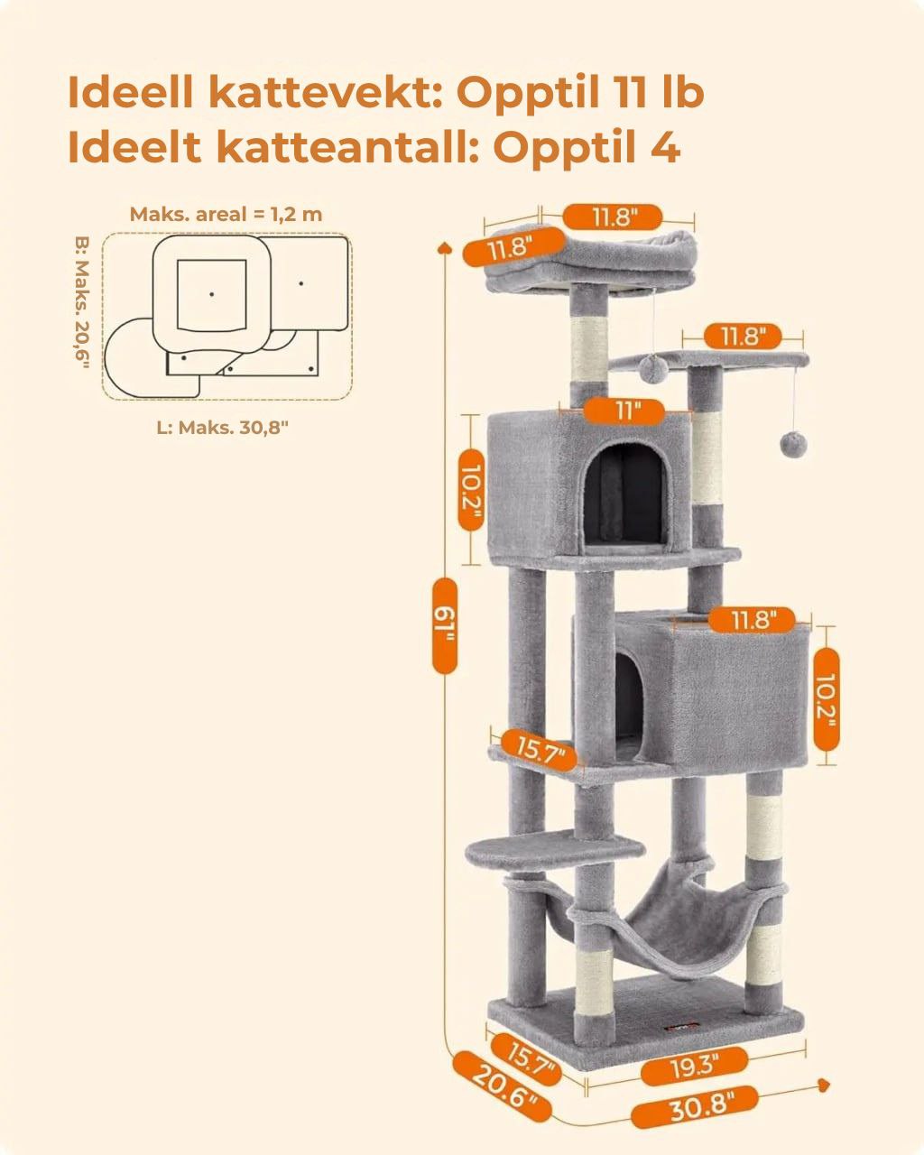 Feandrea kattetre 154 cm - Plysj klatretårn med 5 klorestolper, 2 plattformer