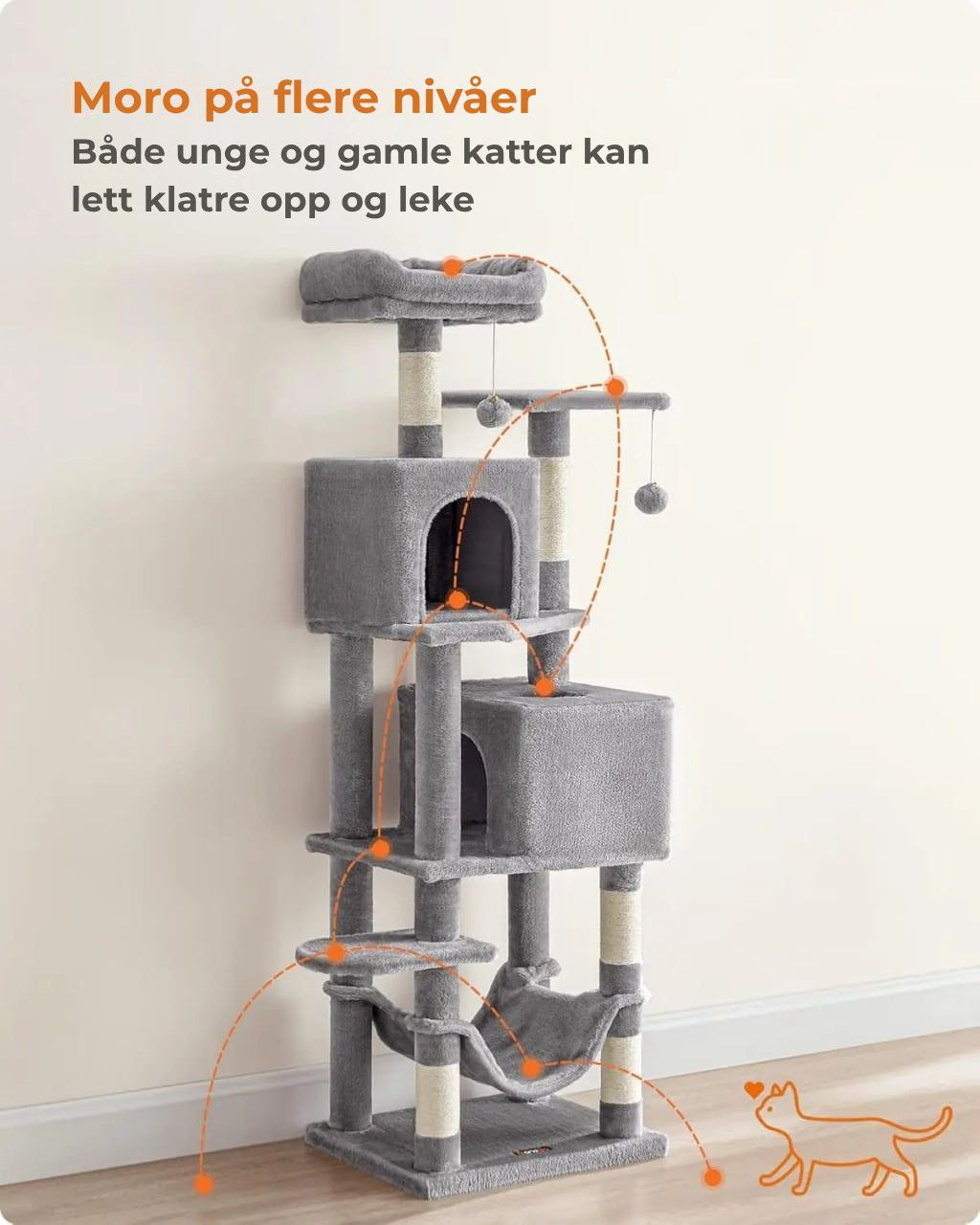 Feandrea kattetre 154 cm - Plysj klatretårn med 5 klorestolper, 2 plattformer